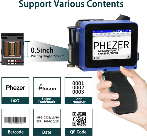 Vista 4 de Impresora de inyección de tinta mini de mano Phezer PC11 para superficie plana y curva, con pantalla táctil y cartucho de tinta de secado rápido