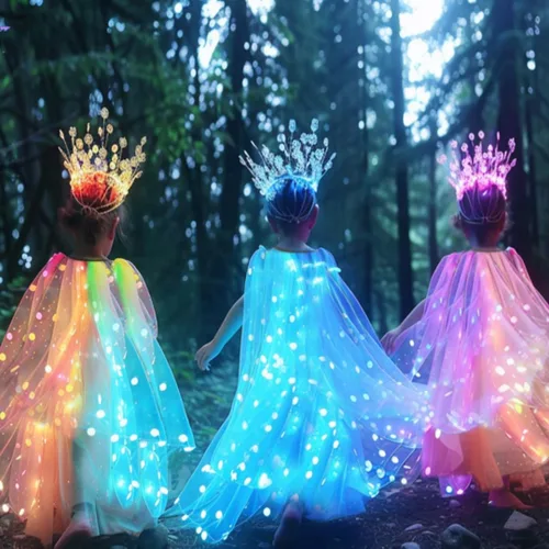 Vista 18 de Capa de princesa con luz LED para niñas con corona y cetro resplandeciente
