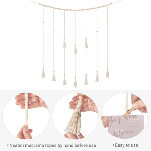 Vista 5 de Mkono Decoración de pared colgante de macramé con cadena de luces, habitación bohemia para dormitorio, cuentas de madera, guirnalda para tarjetas