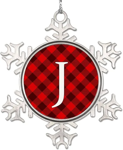 Vista 17 de Adorno de copo de nieve de letra A con inicial de copo de nieve, adorno de monograma a cuadros rojos para decoración de árbol de Navidad, adornos
