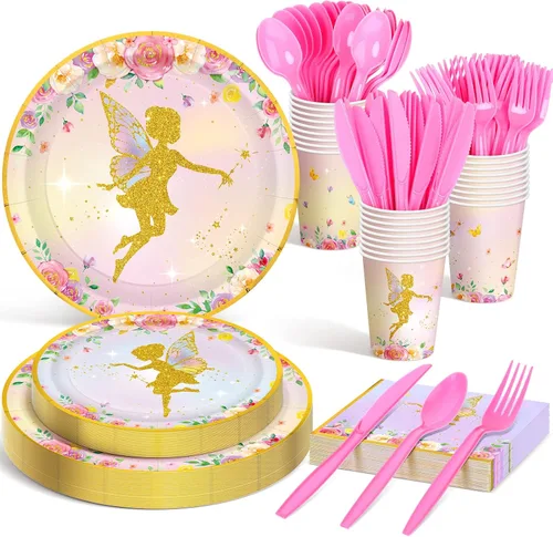 Vista 10 de Meanplan 168 piezas de decoración de fiesta de princesa, platos y servilletas de princesa, juego de vajilla desechable de castillo para niñas