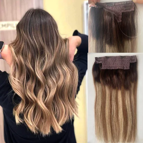Vista 18 de Extensiones de cabello con alambre negro, extensiones de cabello balayage, extensiones de cabello con alambre de cabello humano, 14 pulgadas 70 g