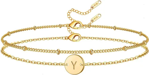 Vista 33 de Glimmerst Pulsera con inicial para mujer, chapada en oro de 18K, de acero inoxidable en capas, con monedas, pulsera con letra, cadena con cuentas