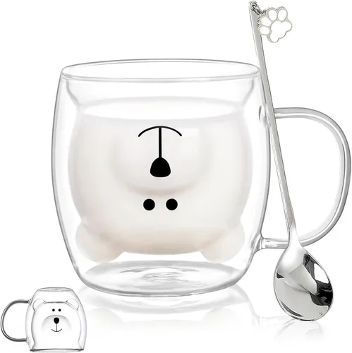 Vista 11 de Binoster Tazas Lindas de Oso Kawaii de Vidrio de Doble Pared para Café y Té, Taza de Yogur Divertida, Regalo Novedoso para Mujeres, Sus Amigas