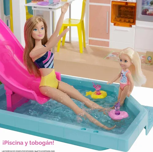 Vista 3 de Barbie DreamHouse versión 2,021 – Casa de muñecas grande (3.75 pies/1.14 m) con piscina, tobogán, ascensor, luces y sonidos, y accesorios para casa
