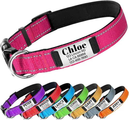 Vista 10 de LINMAGCO Collar reflectante personalizado para perro con campanas, estilo de cuero suave, resistente y ajustable, con placa de identificación Azul