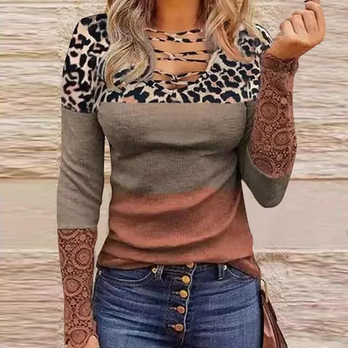 Vista 2 de Blusa de punto con estampado de leopardo y manga larga para mujer, con cuello en V, de moda, para otoño