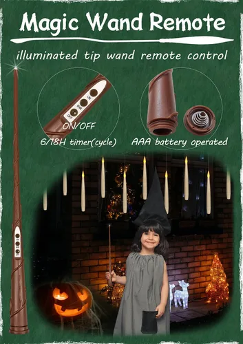 Vista 3 de Leejec Velas Flotantes con Control Remoto de Varita Mágica (Temporizador de 6/18H), 12 piezas Velas Cónicas Colgantes Sin Llama de 6.1", Luz Cálida