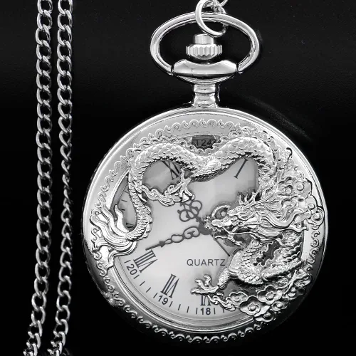 Vista 2 de Dragon Quartz Pocket Watches for Men Roman Numerals Pocket Watch with Chain Cus-CF18-plata