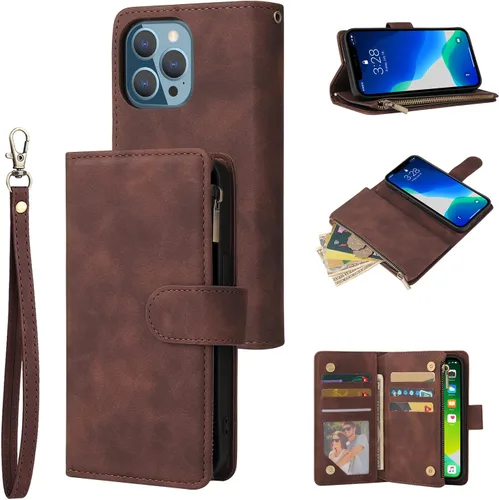 Vista 12 de UEEBAI Funda tipo cartera para iPhone 13 Pro Max, funda de piel sintética con cierre magnético, bolsillo con cremallera, ranuras para tarjetas