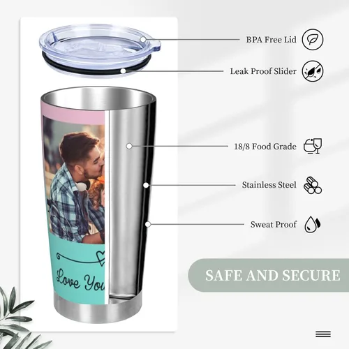 Vista 5 de Vasos personalizados con tapas y pajitas de 20 onzas, taza de café de acero inoxidable con foto personalizada con nombre, texto, taza de café
