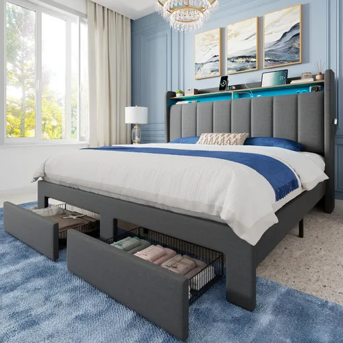 Vista 10 de Allewie - Marco de cama vertical tapizado con plataforma de tamaño matrimonial, con cabecera con almacenamiento de 2 niveles y luces LED, 2 cajones