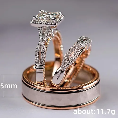 Vista 6 de Engagement rings for couples set,3 pc His and Her Wedding Ring Set, Hypoallergenic Rose Gold Ring Set, Cubic Zirconia Bride Promise Rings Set