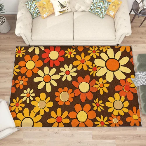 Vista 2 de Alfombra retro Groovy Flower para niños, alfombra de 2 x 3, alfombra de área de flores retro, hippie de los años 70, lavable, antideslizante
