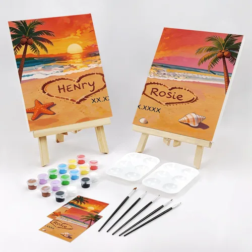 Vista 2 de VOCHIC Kit de pintura para sorbos y pinturas, lienzo predibujado para parejas, kit de pintura para adultos, citas, noche, puesta de sol, playa