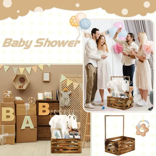 Vista 6 de Yerliker Cesto de madera para baby shower, con asa, cesta de almacenamiento personalizada para niños recién nacidos, regalos de embarazo