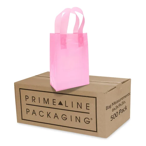 Vista 13 de Prime Line Packaging Bolsas de regalo rosadas, bolsas de tote de plástico esmerilado con asas para pequeñas empresas, golosinas, compras, cumpleaños