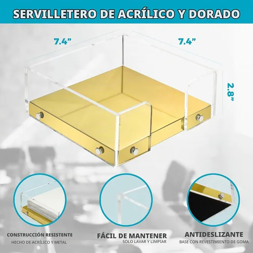 Vista 3 de Servilletero moderno para cocina, servilletero para mesas, base de acrílico transparente y acero, decoración de cocina y comedor (dorado)