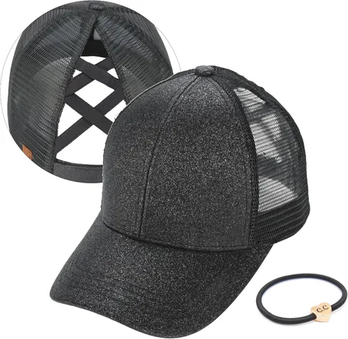 Vista 77 de C.C Gorra de béisbol de malla con diseño de estrella brillante, gorra de camionero ajustable para moño o cola de caballo Una banda elástica-negro