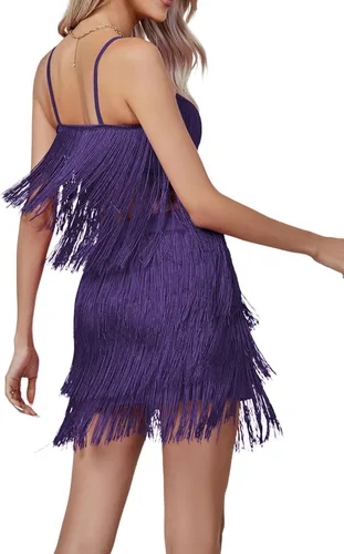 Vista 2 de LYANER Conjunto sexy de dos piezas con flecos sin mangas y falda corta para mujer