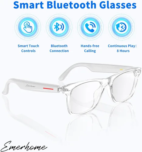 Vista 3 de Gafas Bluetooth inteligentes Emerhome AI Voice Assistant, Lightweight, 8-Hour Battery Life, Auto Pairing, Touch Control & Stereo Sound for Calls &