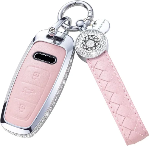 Vista 45 de Funda para llave inteligente con llavero, de piel auténtica color rosa, con cristales, carcasa protectora