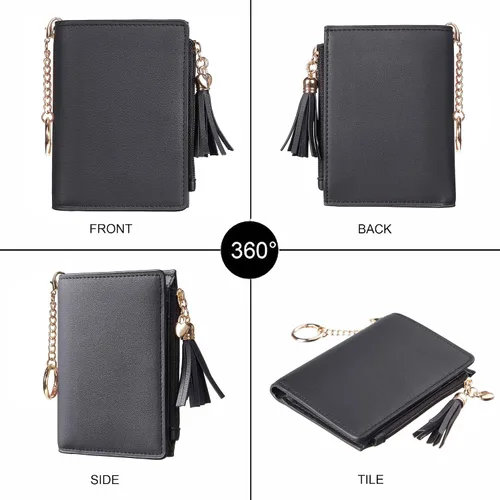 Vista 4 de Gostwo Mini monedero delgado plegable para mujer con borla y bolsillo con cremallera para monedas, Negro con llavero, Moda