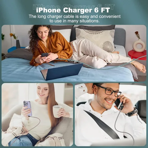 Vista 6 de Paquete de 3 cargadores de iPhone de 6 pies [certificado Apple MFi] Cable Lightning de ángulo recto de carga rápida, cable de automóvil para iPhone