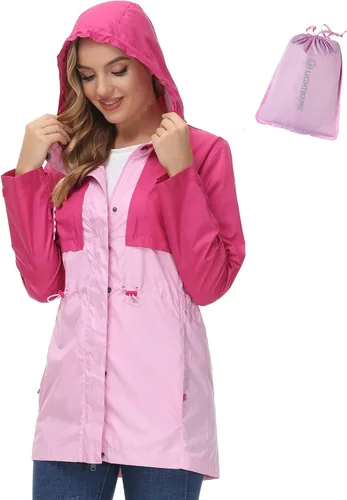 Vista 4 de Lightbare Chaqueta ligera resistente al agua para mujer, antidesgarros, plegable, transpirable, con capucha, cortavientos LB02W