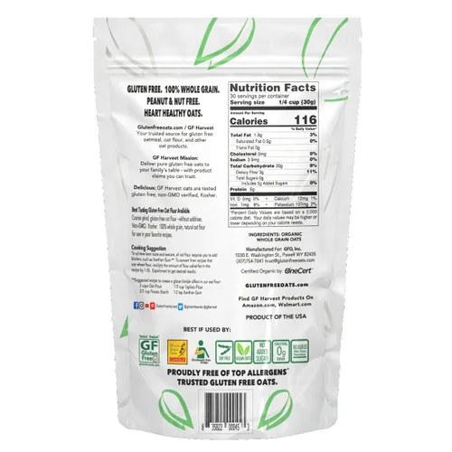 Vista 2 de GF Harvest Harina de avena integral orgánica sin gluten, bolsa de 32 onzas