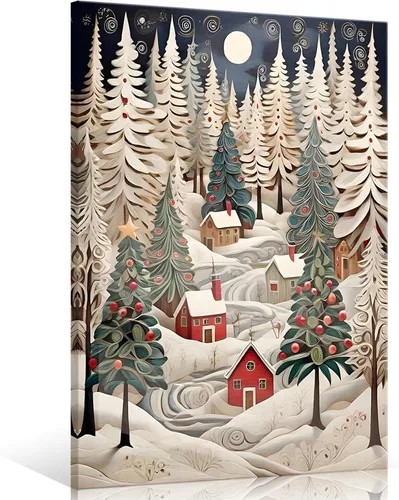 Vista 16 de uoyien Arte de pared vintage de Navidad, impresiones de pintura en lienzo, regalos de Navidad para niños, arte de pared estético de casa de campo