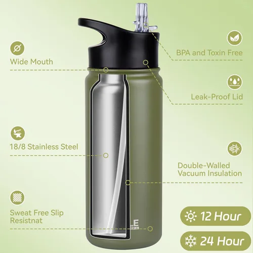 Vista 2 de HASLE OUTFITTERS Botella de agua aislada de 16 onzas para niños, botella de agua de acero inoxidable de doble pared al vacío, a prueba de fugas