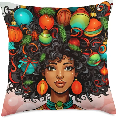 Vista 4 de Black women Christmas ornament melanin curly hair Melanin Christmas Queen Xmas Black Girl Magic Ornament Throw Pillow, 16x16, Multicolor