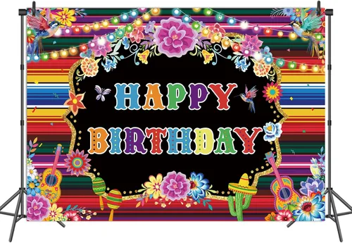Vista 2 de Telón de fondo de cumpleaños mexicano para fotografía, fiesta temática, fiesta de cumpleaños, suministros de decoración, fondo de cabina de fotos