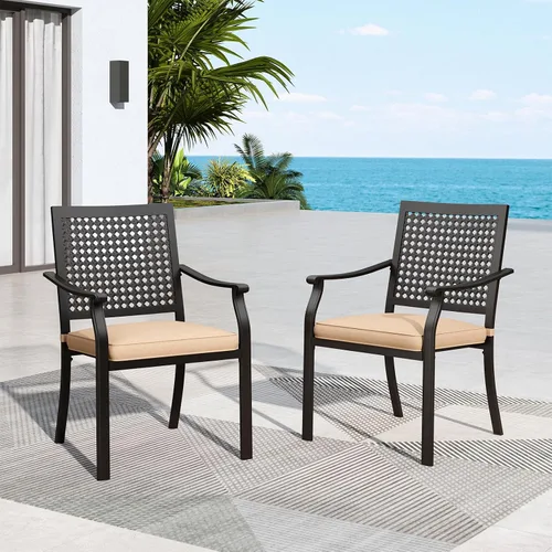 Vista 8 de MFSTUDIO Juego de 4 sillas de comedor apilables para patio, hierro forjado Patrón de red