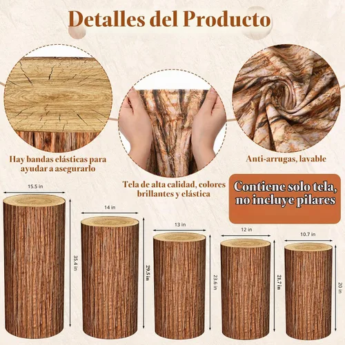 Vista 2 de FairySandy Juego de 5 fundas de soporte de cilindro con textura de madera, cubierta de pedestal de elastano para fiestas, bodas, baby shower