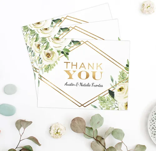 Vista 3 de Tarjetas de agradecimiento personalizadas con flores blancas de oro sintético, 100 tarjetas de agradecimiento modernas con sobres blancos, 4 1/4 x 5