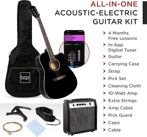Vista 3 de Best Choice Products Juego de iniciación de guitarra acústica y eléctrica para principiantes con 41 pulgadas, diseño de corte total en madera, bolsa