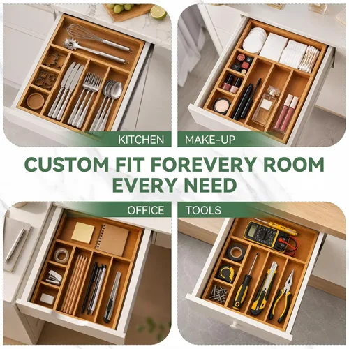 Vista 9 de Teak Silverware Organizer For Drawer, Flatware Silverware Storage Tray