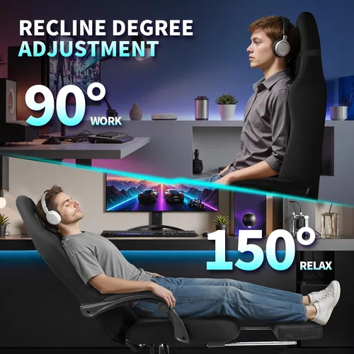 Vista 7 de Silla de juegos, sillas de juegos grandes y altas para adultos con reposapiés y soporte lumbar, cómoda silla de computadora de tela ergonómica