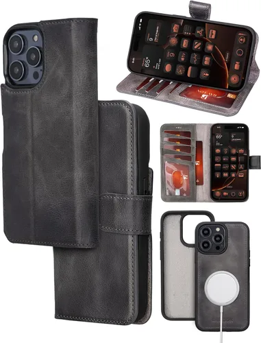 Vista 14 de Bayelon Funda tipo cartera para iPhone 15 Pro, cartera de cuero de grano completo, funda magnética desmontable, tarjetero, funda tipo cartera