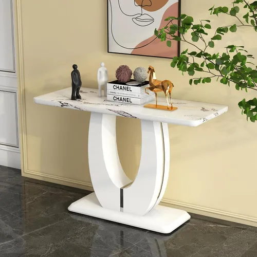 Vista 4 de Elegante mesa consola de mármol blanco, mesa rectangular estrecha de 47 pulgadas, mesa de comedor de entrada de mármol sintético de mediados