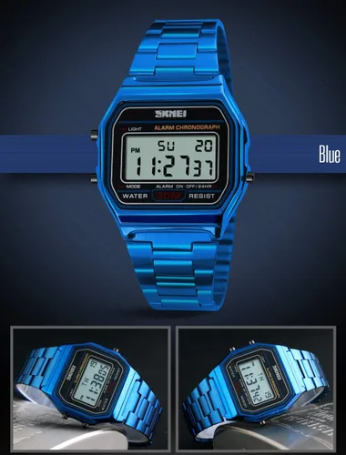 Vista 3 de PASOY - Reloj digital de acero inoxidable con retroiluminación, multifunción, cronómetro, resistente al agua, para hombre