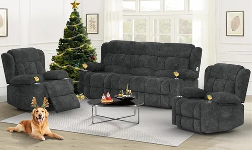 Vista 21 de Dresegmt - Juego de sofá reclinable con consola, diseño de respaldo central abatible, sofá de 3 plazas y sillón reclinable individual, sofás Gris