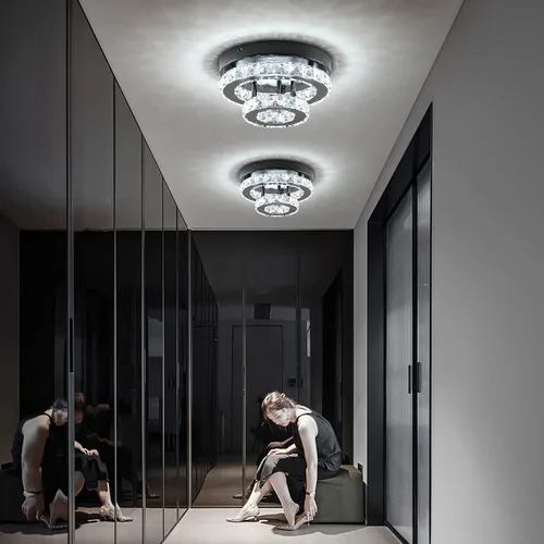 Vista 8 de Lámpara de araña de cristal moderna de 9.8 pulgadas con montaje empotrado al techo, mini lámpara de araña negra con iluminación LED para dormitorio