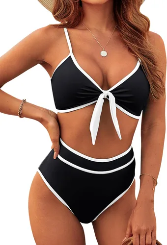 Vista 15 de Blooming Jelly - Conjunto de bikini de cintura alta para mujer, de dos piezas, con nudo, trajes de baño de talle alto Bandera americana A9