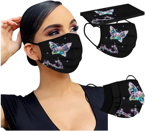 Vista 9 de 50 cubrebocas desechables de mariposa para mujeres, 3 capas para adultos, máscara de mariposa negra con diseño floral, máscara facial a la moda