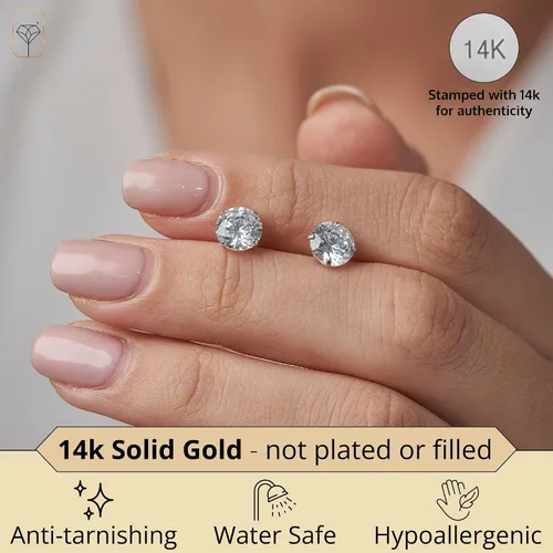 Vista 2 de Aretes solitarios redondos de circonita cúbica de oro de 14 quilates para mujeres y hombres Aretes de tuerca de circonita cúbica antideslustre