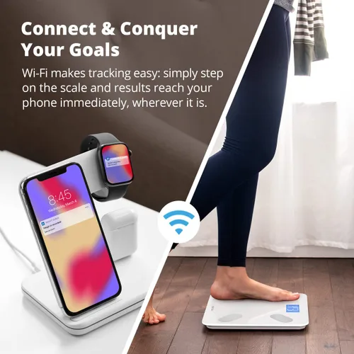 Vista 2 de Greater Goods Báscula de baño WiFi, mide peso, IMC, grasa corporal, masa muscular y porcentaje de agua, hasta 8 usuarios, 400 libras, color blanco