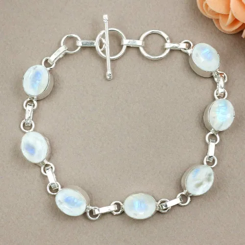 Vista 3 de Oval Shape Natural Gemstones Statement Bracelet for Women - 925 Silver Plated Handmade Birthstone Bohemian Vintage Style Women's Jewelry Gifts for